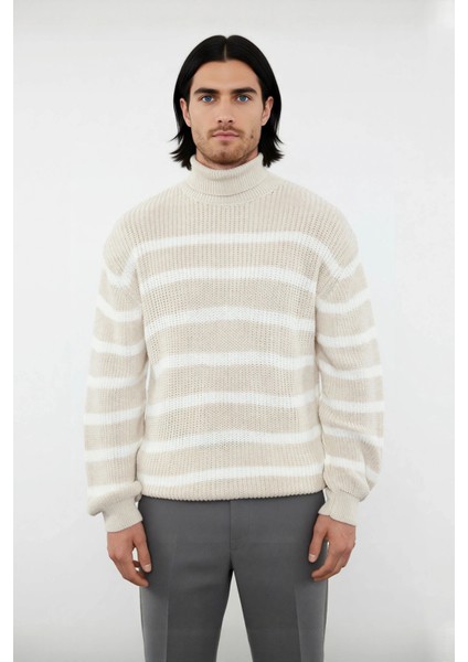 Unisex Uzun Kollu Oversize Balıkçı Yaka Triko Selanik Dokuma Çizgili Kazak Casual Kombinler Için fiyatları