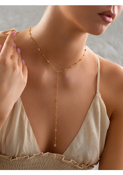 925 Ayar Gümüş Gold Kaplama Minimal Yuvarlak Pembe Taşlı Y Model Kolye