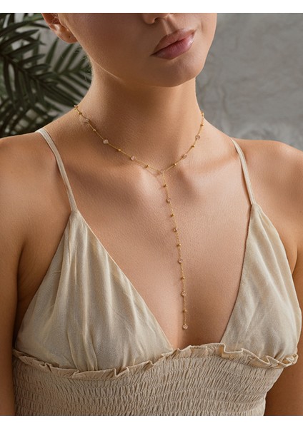 925 Ayar Gümüş Gold Kaplama Minimal Yuvarlak Pembe Taşlı Y Model Kolye fiyatları