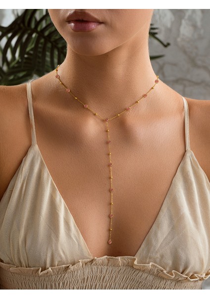 925 Ayar Gümüş Gold Kaplama Minimal Yuvarlak Pembe Taşlı Y Model Kolye modelleri