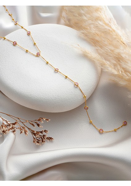925 Ayar Gümüş Gold Kaplama Minimal Yuvarlak Pembe Taşlı Y Model Kolye fırsatları
