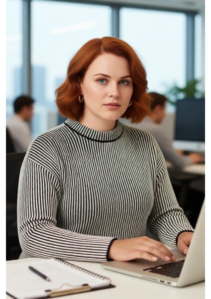 Kadın Klasik Bisiklet Yaka Regular Kalıp Çizgili Fitilli Triko Kazak Günlük Şıklık Için Mükemmel