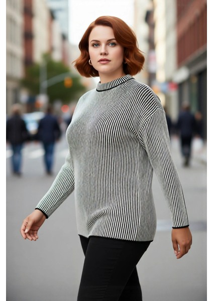 Kadın Klasik Bisiklet Yaka Regular Kalıp Çizgili Fitilli Triko Kazak Günlük Şıklık Için Mükemmel fırsatları