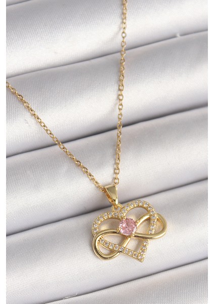 316L Çelik Gold Renk Zincir Zirkon Taşlı Sonsuzluk Kalp Model Kadın Kolye - Lisinya