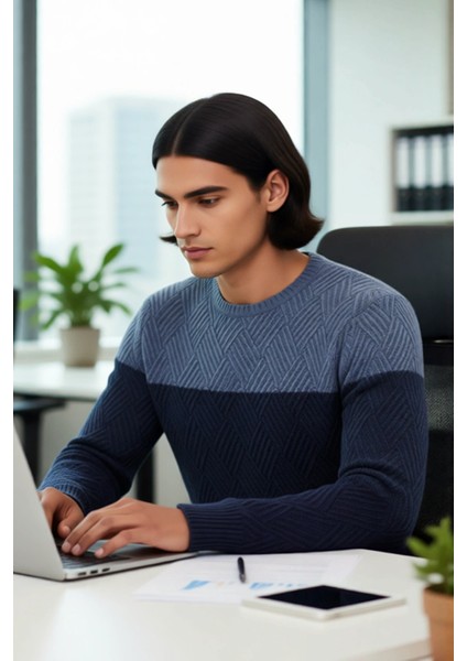 Erkek Regular Kesim Renk Bloklu Desenli Bisiklet Yaka Uzun Kollu Triko Kazak Şıklığı Kaliteli