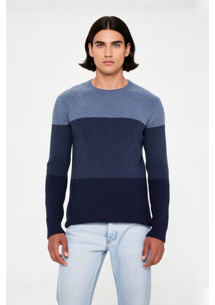 Erkek Regular Kesim Renk Bloklu Desenli Bisiklet Yaka Uzun Kollu Triko Kazak Şıklığı Kaliteli fiyatları