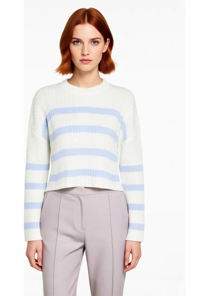 Kadın Basic Siluet Gri Çizgili Akrilik Materyal Crop Triko Kazak Uzun Kollu Günlük Şık Kaliteli fiyatları