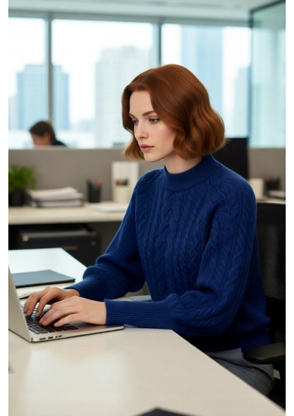 Kadın Regular Fit Yumuşak Dokulu Triko Kazak Balon Kol Dik Yaka Saç Örgü Kış Sezonu Şıklığı