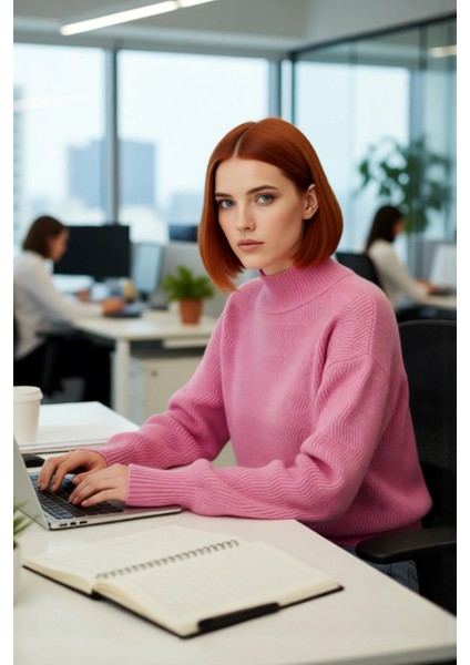 Kadın Oversize Kışlık Triko Kazak Dik Yaka Balon Kol Detaylı Zigzag Desenli Günlük Şıklık Kaliteli