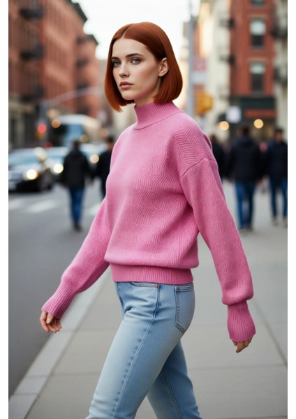 Kadın Oversize Kışlık Triko Kazak Dik Yaka Balon Kol Detaylı Zigzag Desenli Günlük Şıklık Kaliteli fırsatları