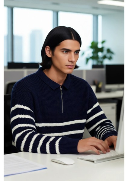 Erkek Polo Yaka Oversize Kalıp Triko Çizgili Kazak Lacivert Renk Kalın Selanik Dokuma Kışlık Giysi