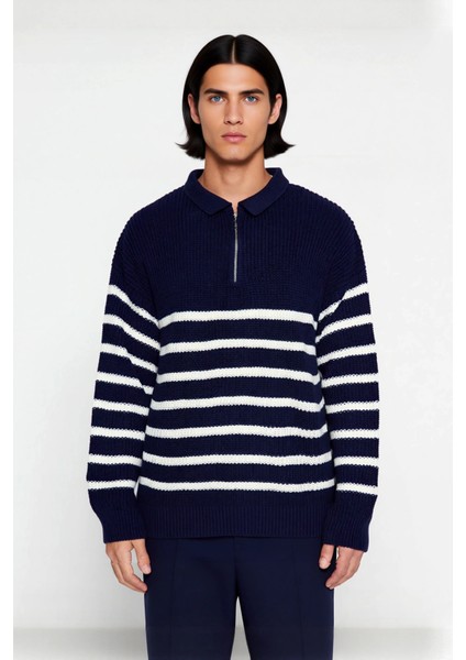 Erkek Polo Yaka Oversize Kalıp Triko Çizgili Kazak Lacivert Renk Kalın Selanik Dokuma Kışlık Giysi fiyatları