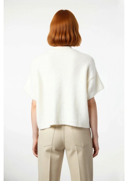 Kadın Oversize Kesim Dik Yaka Kalın Dokulu Triko Kazak Kısa Kollu Rahat Ilkbahar Sonbahar Giysisi modelleri