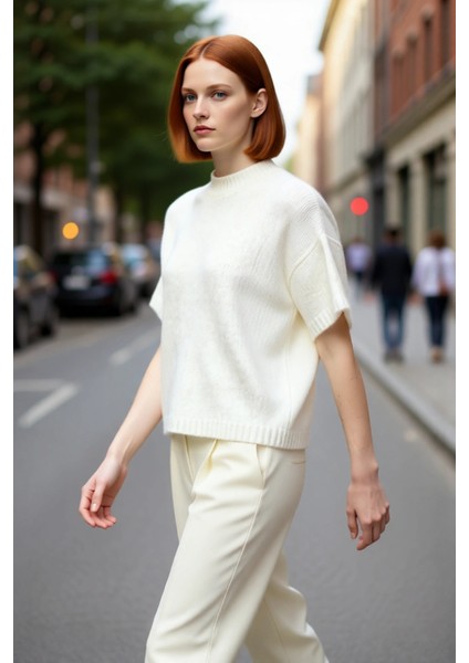 Kadın Oversize Kesim Dik Yaka Kalın Dokulu Triko Kazak Kısa Kollu Rahat Ilkbahar Sonbahar Giysisi fırsatları