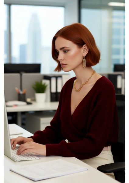 Kadın Casual V Yaka Kruvaze Triko Kazak Regular Kalıp Tek Plaka Dokuma Rahat Kışlık Seçim Kaliteli