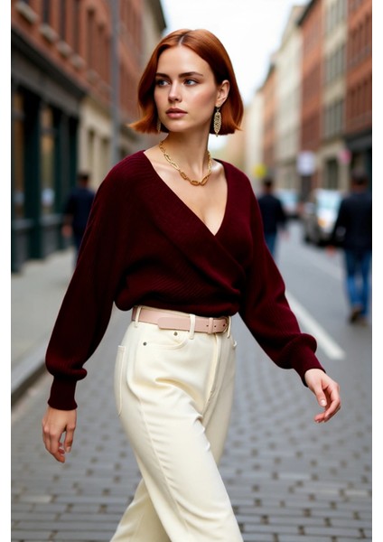 Kadın Casual V Yaka Kruvaze Triko Kazak Regular Kalıp Tek Plaka Dokuma Rahat Kışlık Seçim Kaliteli fırsatları