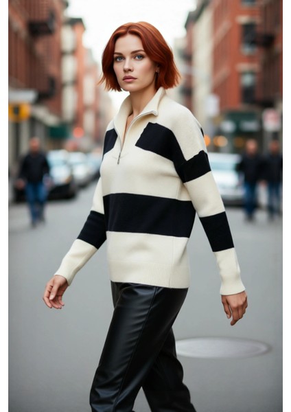 Kadın Dik Yaka Fermuarlı Oversize Çizgili Düşük Kollu Triko Kazak Günlük Şıklık ve Sıcaklık fırsatları