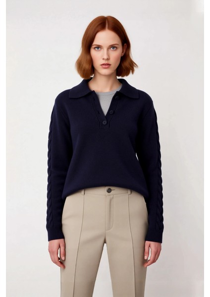 Kadın Modern ve Rahat Polo Yaka Saç Örgü Detaylı Regular Triko Kışlık Standart Kol Kazak Kaliteli fiyatları