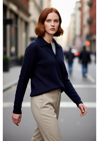 Kadın Modern ve Rahat Polo Yaka Saç Örgü Detaylı Regular Triko Kışlık Standart Kol Kazak Kaliteli fırsatları