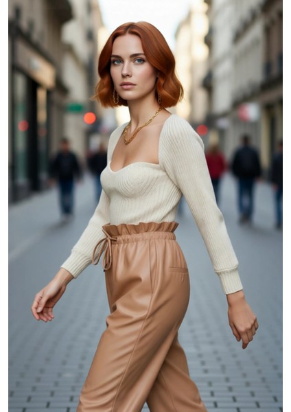 Kadın Basic Fitilli Crop Kahverengi Uzun Kol Kalp Yaka Akrilik Triko Kazak Rahat Gündüz Kombin fırsatları