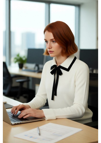 Kadın Akrilik Triko Kazak Polo Yaka Detaylı Renk Bloklu Uzun Kollu Kış Sezonu Için Şık ve Rahat