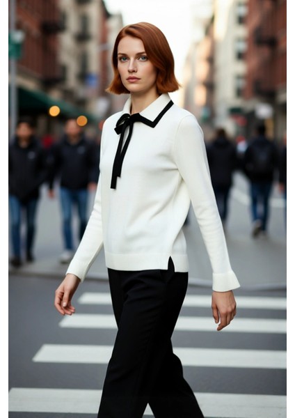 Kadın Akrilik Triko Kazak Polo Yaka Detaylı Renk Bloklu Uzun Kollu Kış Sezonu Için Şık ve Rahat fırsatları