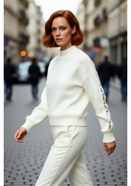 Kadınlar Için Konforlu Gri Triko Kazak Düşük Kol ve Dik Yaka Tasarımı Düğmeli Kışlık Regular Kalıp fırsatları