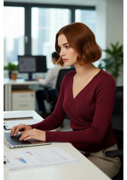 Kadın Kruvaze Yaka Bağcıklı Triko Üst Fitted Kalıp Uzun Kol Basic Siluet Ile Günlük Şıklık