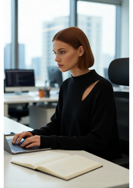 Kadın Basic Oversize Bisiklet Yaka Cut Out Triko Kazak Akrilik Fitilli Uzun Boy Kışlık Rahatlık