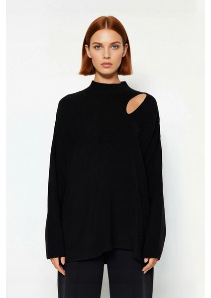 Kadın Basic Oversize Bisiklet Yaka Cut Out Triko Kazak Akrilik Fitilli Uzun Boy Kışlık Rahatlık fiyatları