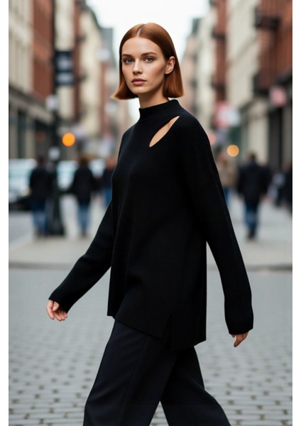 Kadın Basic Oversize Bisiklet Yaka Cut Out Triko Kazak Akrilik Fitilli Uzun Boy Kışlık Rahatlık fırsatları