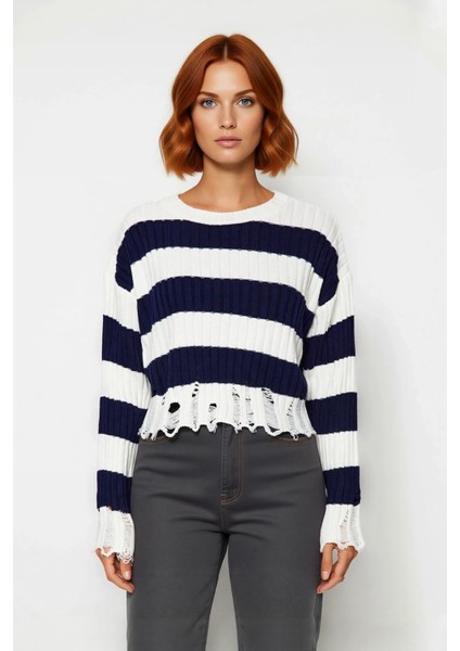 Kadın Modern Bisiklet Yaka Çizgili Akrilik Triko Crop Kazak Akıtma Detaylı Şık Kombinler Kaliteli fiyatları