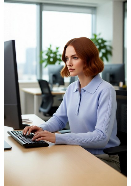 Kadın Modern ve Rahat Polo Yaka Saç Örgü Detaylı Regular Triko Kışlık Standart Kol Kazak Kaliteli