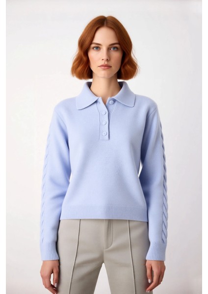 Kadın Modern ve Rahat Polo Yaka Saç Örgü Detaylı Regular Triko Kışlık Standart Kol Kazak Kaliteli fiyatları