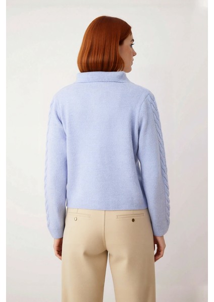 Kadın Modern ve Rahat Polo Yaka Saç Örgü Detaylı Regular Triko Kışlık Standart Kol Kazak Kaliteli modelleri