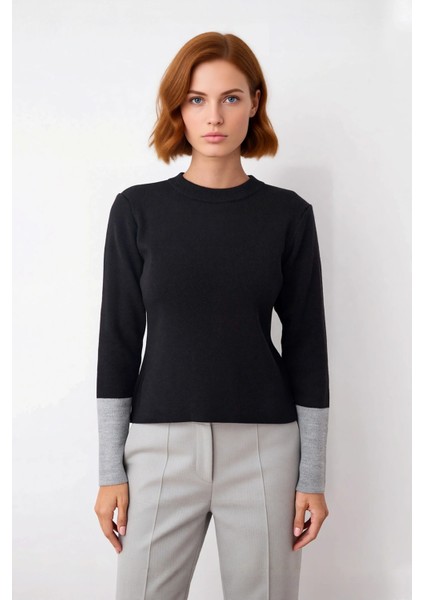 Soğuk Kış Günleri Için Kadın Regular Kalıp Bisiklet Yaka Uzun Kollu Triko Renk Bloklu Kazak fiyatları