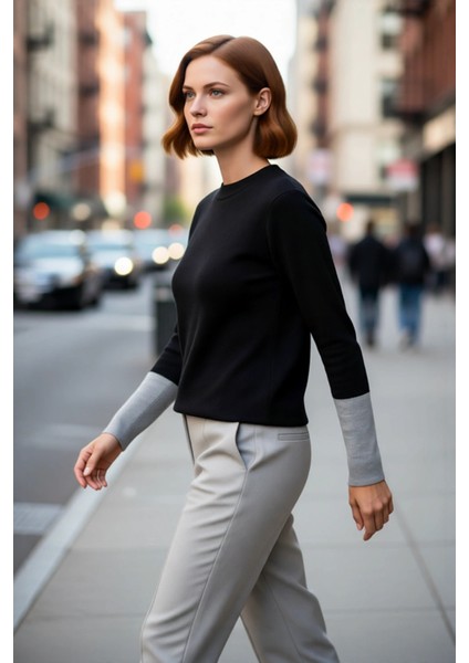 Soğuk Kış Günleri Için Kadın Regular Kalıp Bisiklet Yaka Uzun Kollu Triko Renk Bloklu Kazak fırsatları