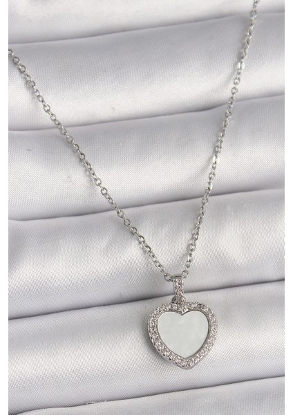 316L Çelik Gümüş Renk Zincir Zirkon Taşlı Beyaz Mineli Kalp Model Kadın Kolye - Lisinya