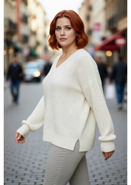 Kadın Relaxed Kalıp V Yaka Akrilik Triko Kazak Renk Bloklu Uzun Kollu Günlük Selanik Örgü Kış modelleri