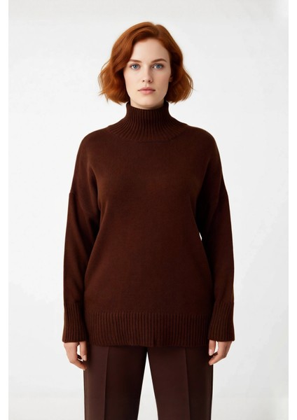 Kadın Düz Desen Akrilik Triko Kazak Relaxed Kalıp Dik Yaka Düşük Kol Kış Için Konforlu Stil