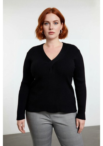 Kadın Düz Desen Fitilli V Yaka Uzun Kollu Triko Kazak Sonbahar Kış Şıklığı Için Ideal Kaliteli