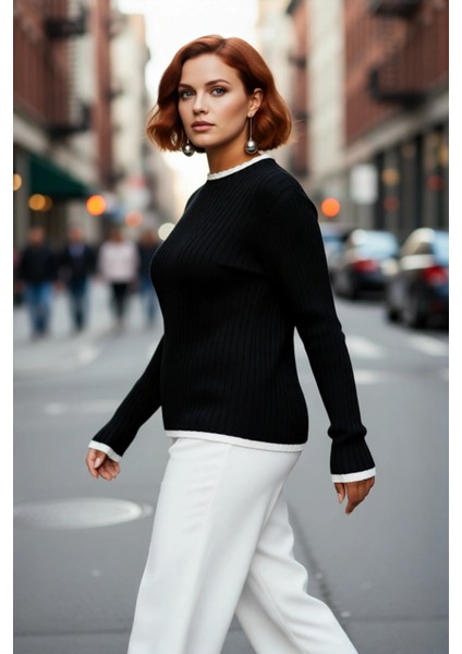 Kadın Akrilik Fitted Kesim Dik Yaka Fitilli Triko Kazak Standart Kol Günlük Rahatlık Için Ideal modelleri
