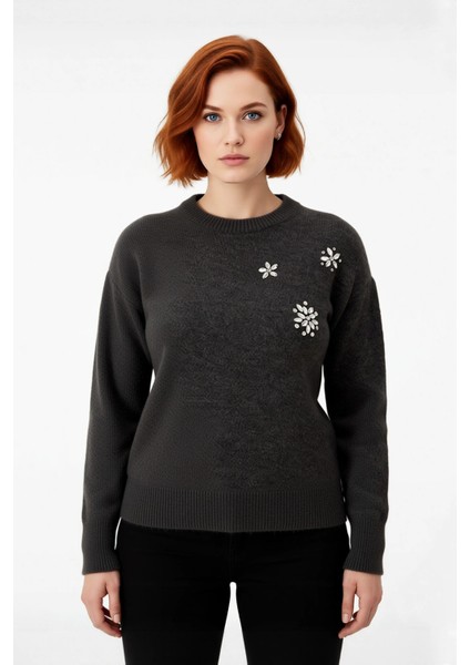 Kadın Pembe Işıltılı Taş Işlemeli Regular Kesim Bisiklet Yaka Uzun Kollu Günlük Triko Kazak