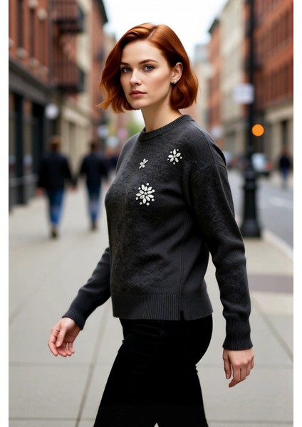 Kadın Pembe Işıltılı Taş Işlemeli Regular Kesim Bisiklet Yaka Uzun Kollu Günlük Triko Kazak modelleri