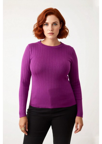 Kadın Düz Desen Fitilli Ince Triko Bluz Şık Bisiklet Yaka Standart Kol Casual Kombinler Için Seçim