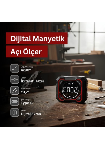 Dijital Manyetik Açı Ölçer Alüminyum Gövdeli Lazerli Type-C Şarj Girişli Yüksek Hassasiyetli fiyatları