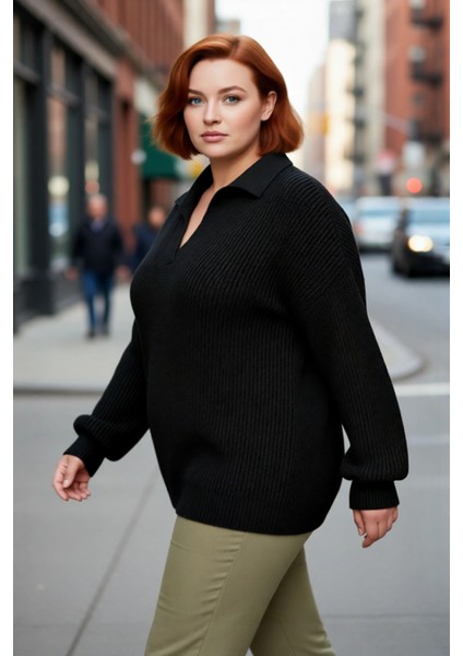 Kadın Relaxed Kalıp Selanik Örgü Polo Yaka Kalın Akrilik Triko Kazak Günlük Şıklık Sunar Kaliteli