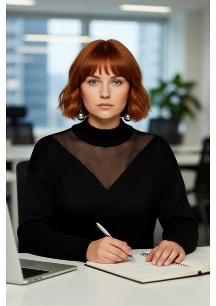 Kadın Relaxed Kalıp Düz Desen Dik Yaka Uzun Kol Triko Kazak Tül Detaylı Şık ve Modern Tasarım modelleri