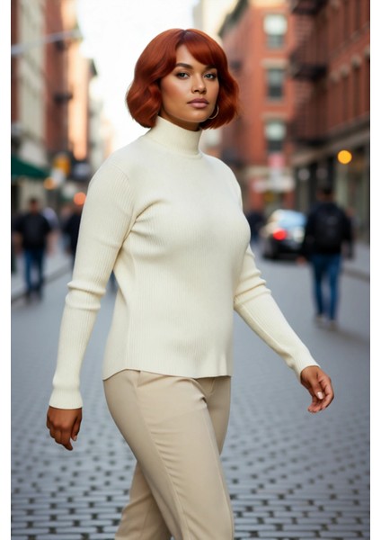 Kadın Fitted Dik Yaka Uzun Kollu Fitilli Ince Akrilik Triko Kazak Günlük Şıklık Sunar Modern Basic