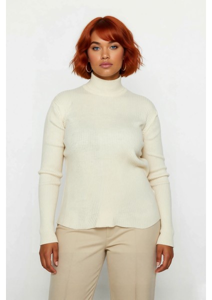 Kadın Fitted Dik Yaka Uzun Kollu Fitilli Ince Akrilik Triko Kazak Günlük Şıklık Sunar Modern Basic fiyatları